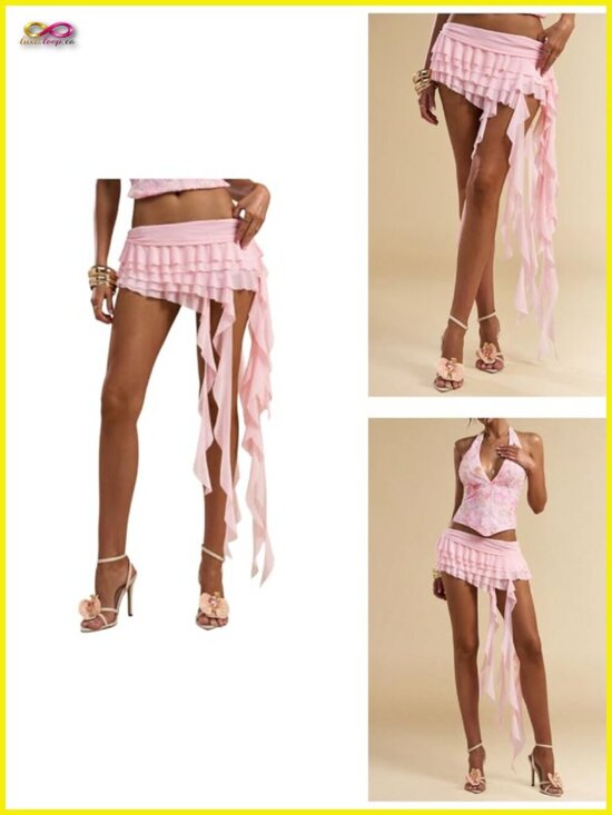 Dresses & Skirts - Mesh Asymmetrical Ruffle Mini Skirt Low Rise Tiered Flirty Y2k Concert Outfit
